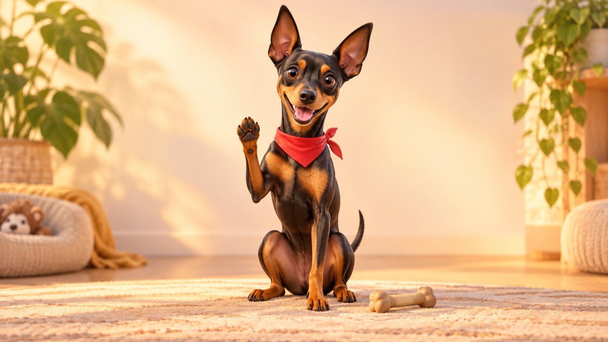 Rocko, a friendly black-and-tan Miniature Pinscher in a red bandana, waving hello